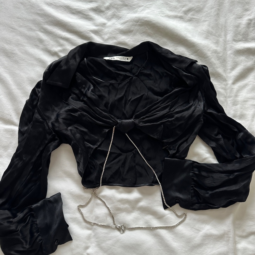 Zara Black Long Sleeve Crop Blouse with Tie Front